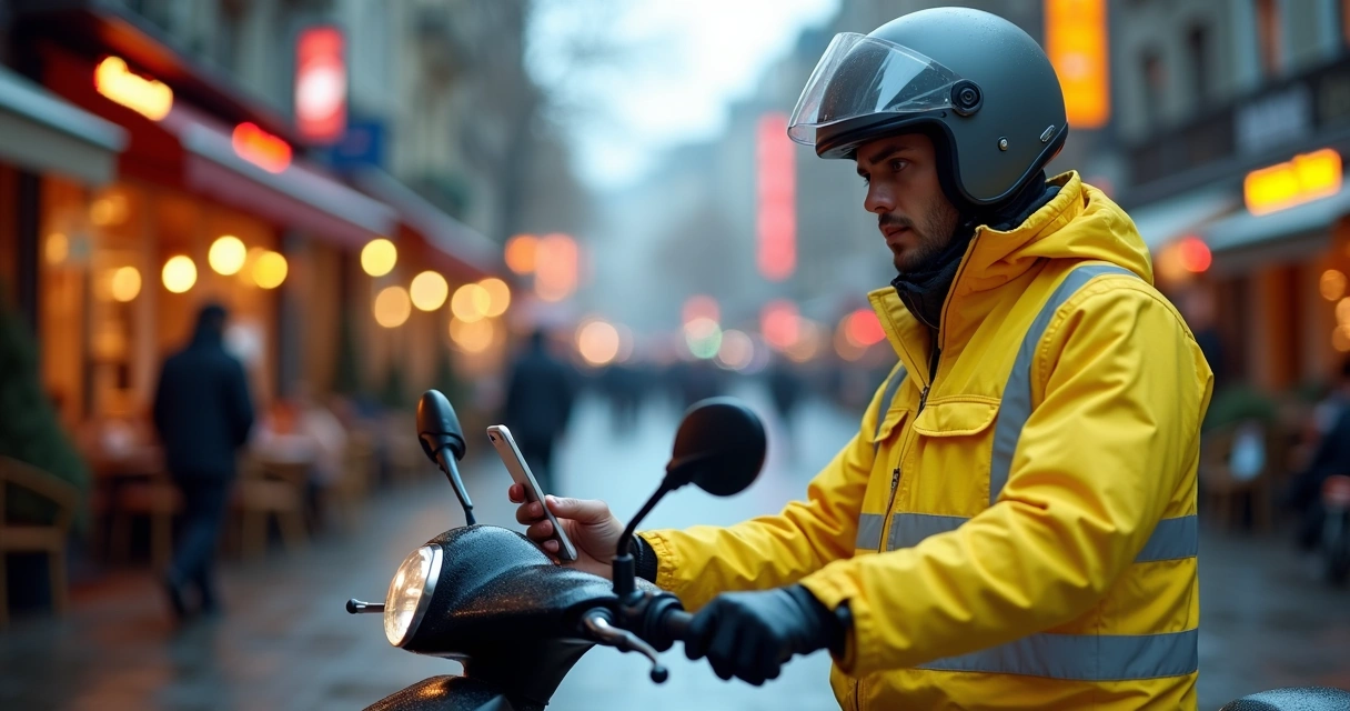 Entregador de delivery usando aplicativo na motocicleta parado em rua da cidade 