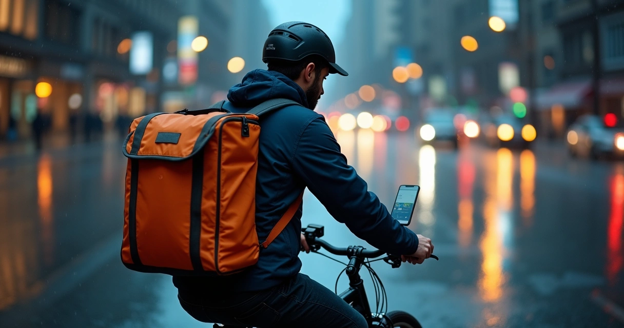 Entregador de aplicativo fazendo entrega à noite em área urbana 