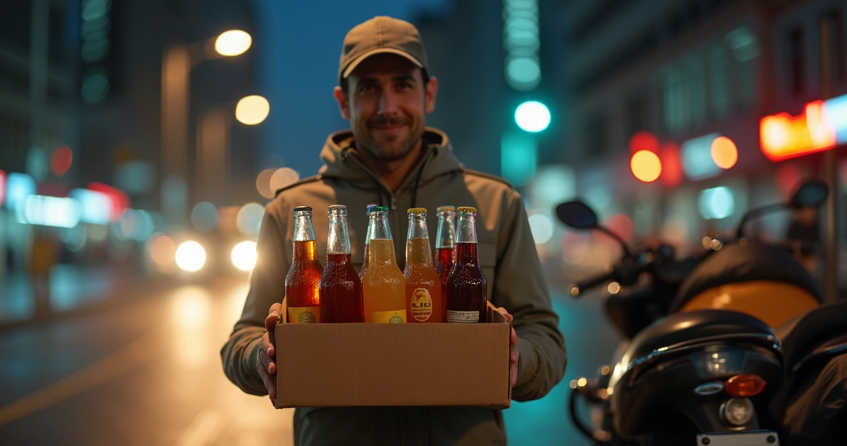 Entregador segurando caixa de bebidas iluminado por luzes urbanas à noite 