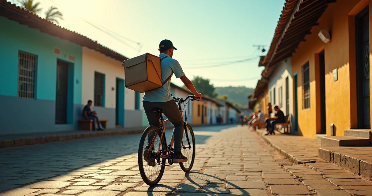Entregador de bicicleta passando por praça em cidade pequena 