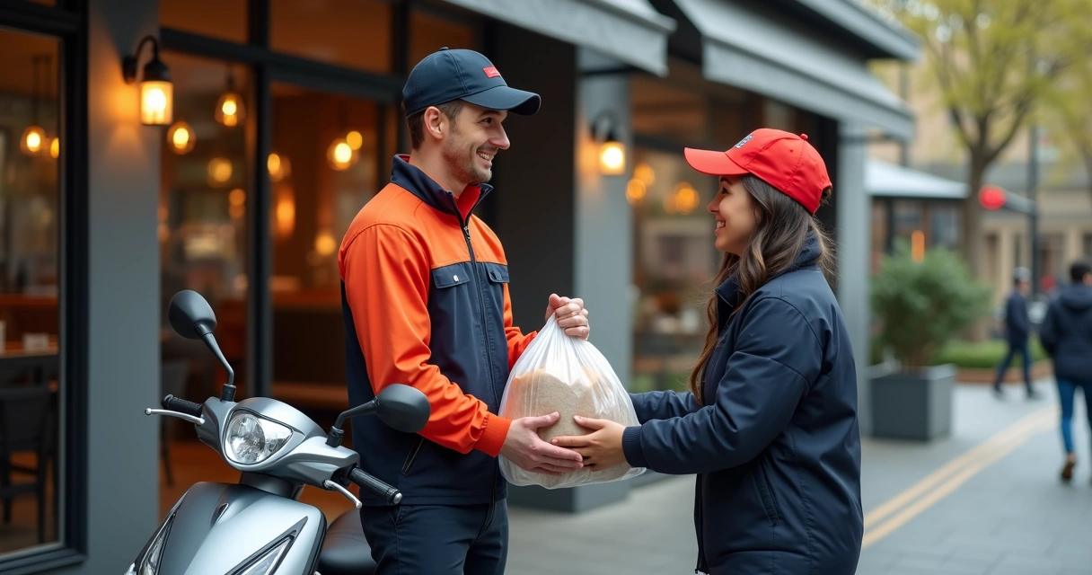 Entregador recolhendo sacola de comida devolvida do cliente na porta de um restaurante 