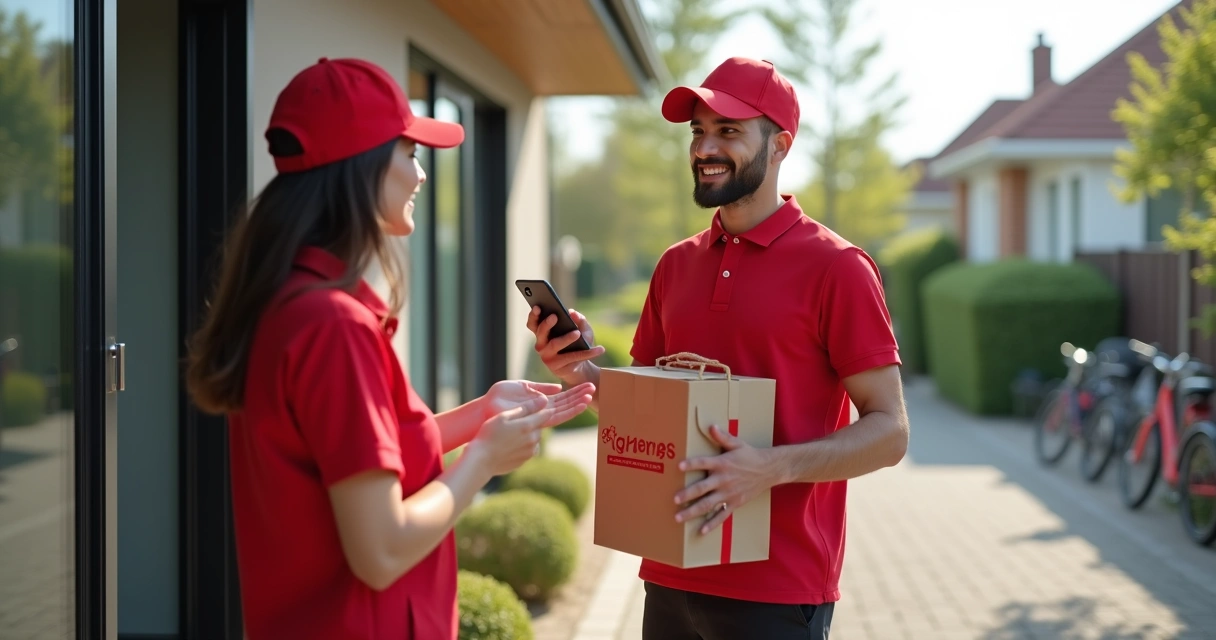 Entregador de delivery em uniforme vermelho comunicando com cliente via celular durante entrega na porta de casa 
