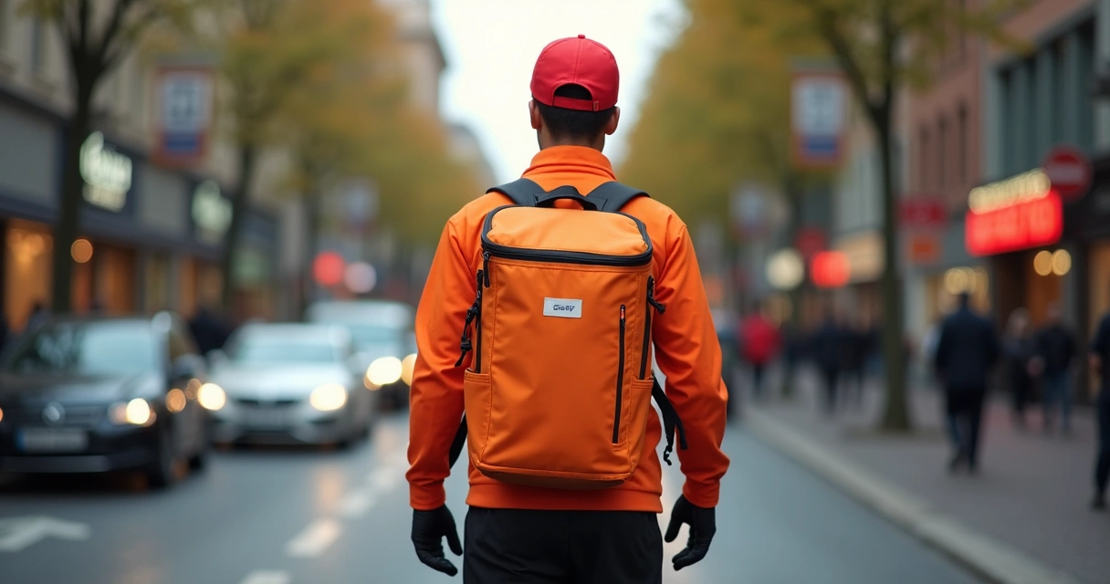 Entregador de delivery com mochila térmica em rua movimentada 
