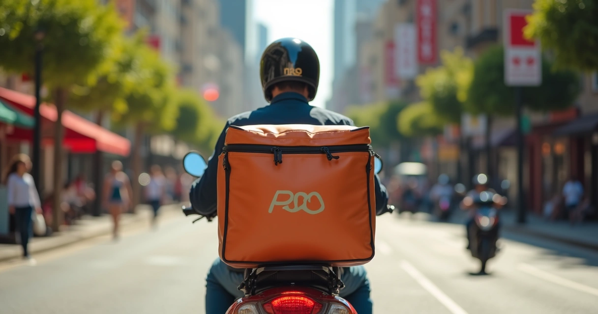 Entregador de delivery em moto com mochila térmica em avenida urbana 