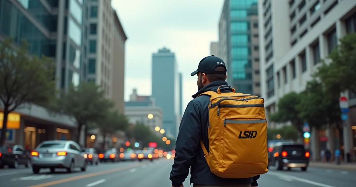 Entregador de delivery com mochila térmica caminhando em avenida movimentada do Rio de Janeiro. 