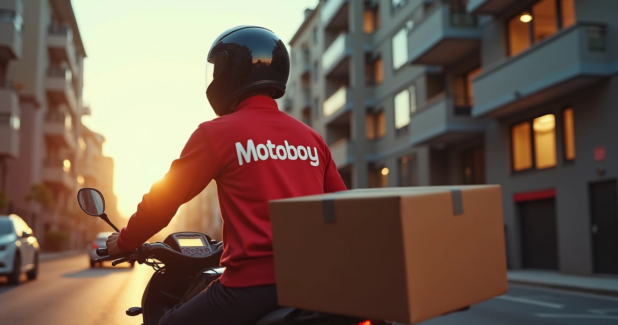 Motoboy com caixa de delivery realizando entrega na cidade 