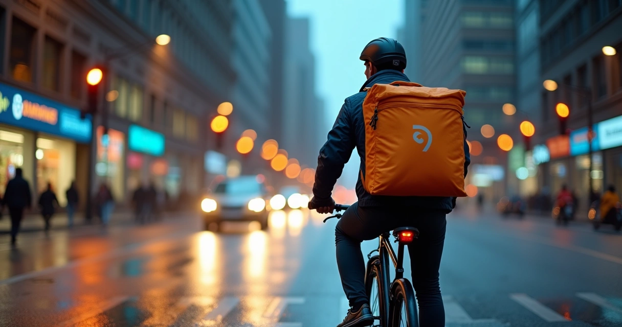 Entregador de delivery multimarcas olhando relógio em avenida urbana à noite 