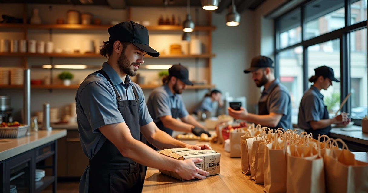 Entregador recebendo pedido para entrega em restaurante 