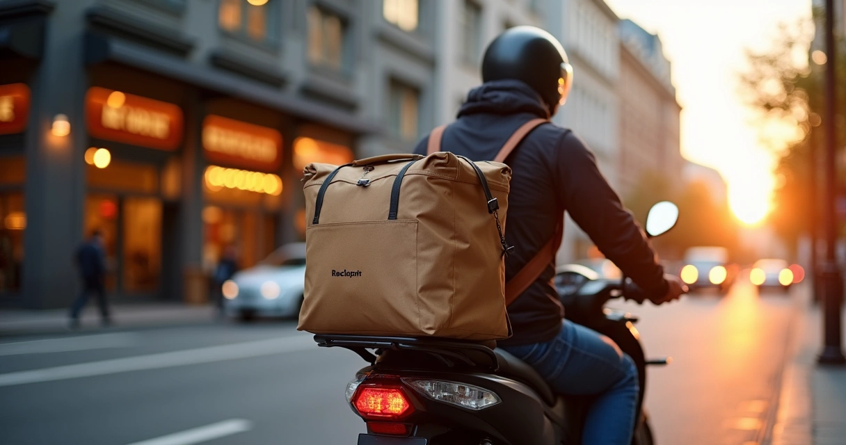 Entregador de delivery em uma rua movimentada 