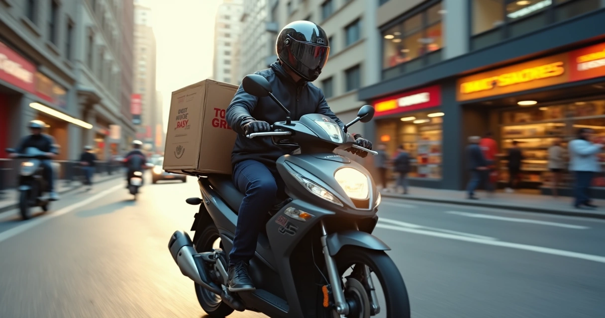 Entregador de delivery em moto transportando pedido em caixa térmica pela cidade 