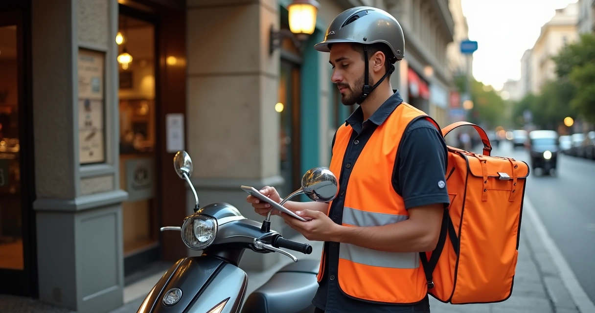 Entregador usando capacete e mochila de entrega, selecionando pedido em tablet 