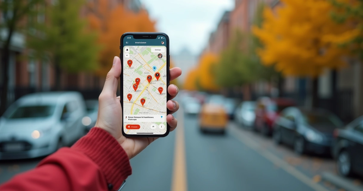 Entregador com smartphone usando mapa digital de geolocalização 