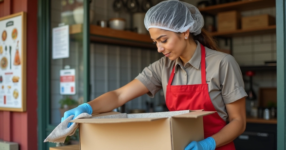 Entregador higienizando caixa de entrega em frente ao restaurante 