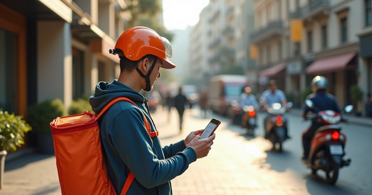 Entregador usando smartphone para acionar suporte iFood em ambiente urbano durante o dia 