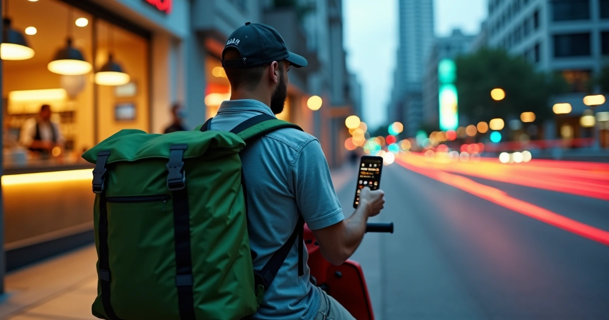 Entregador de delivery parado em avenida movimentada consultando app no celular 