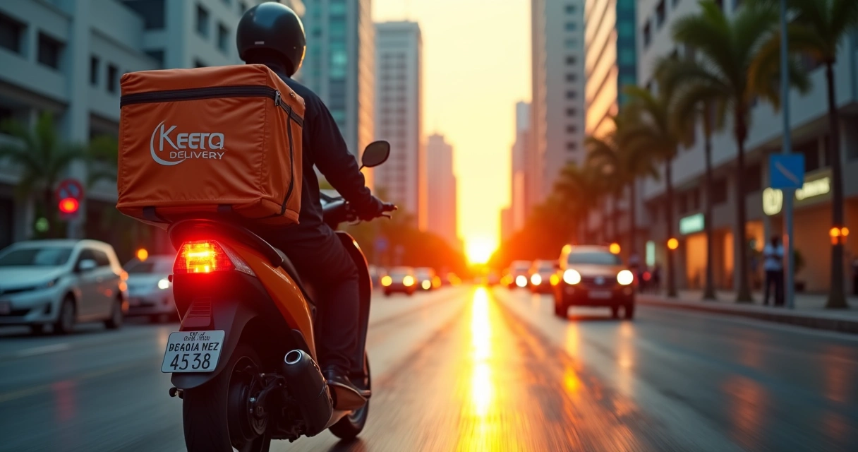 Motociclista de entrega da Keeta em ambiente urbano ao entardecer. 