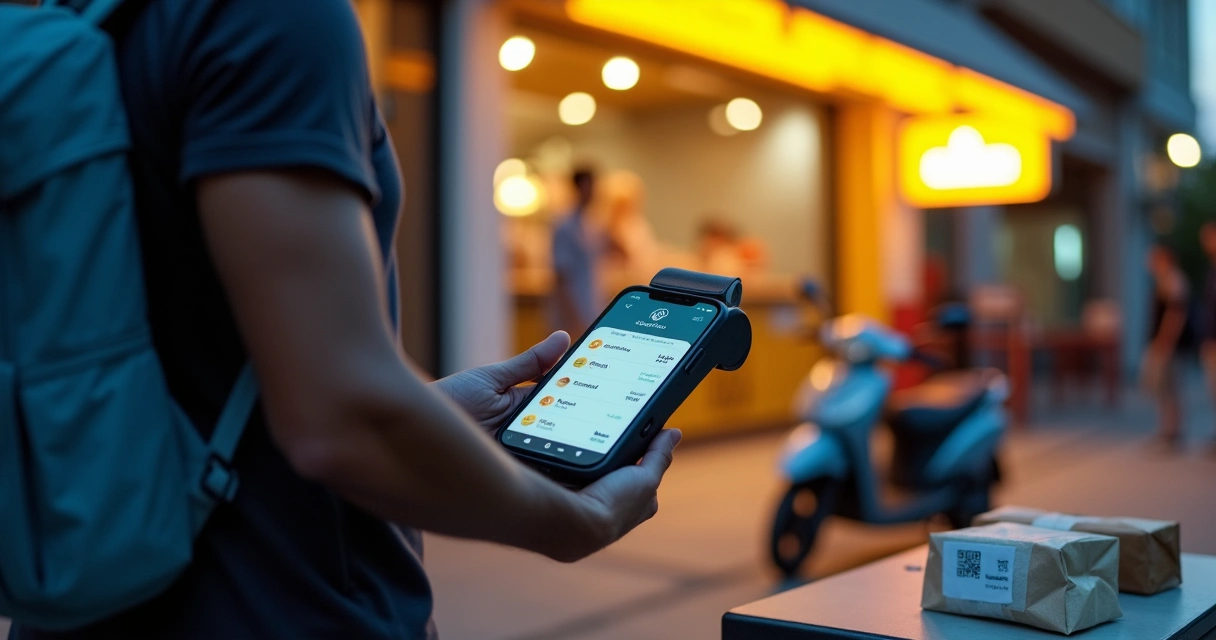 Entregador de delivery usando máquina de cartão e smartphone na rua 