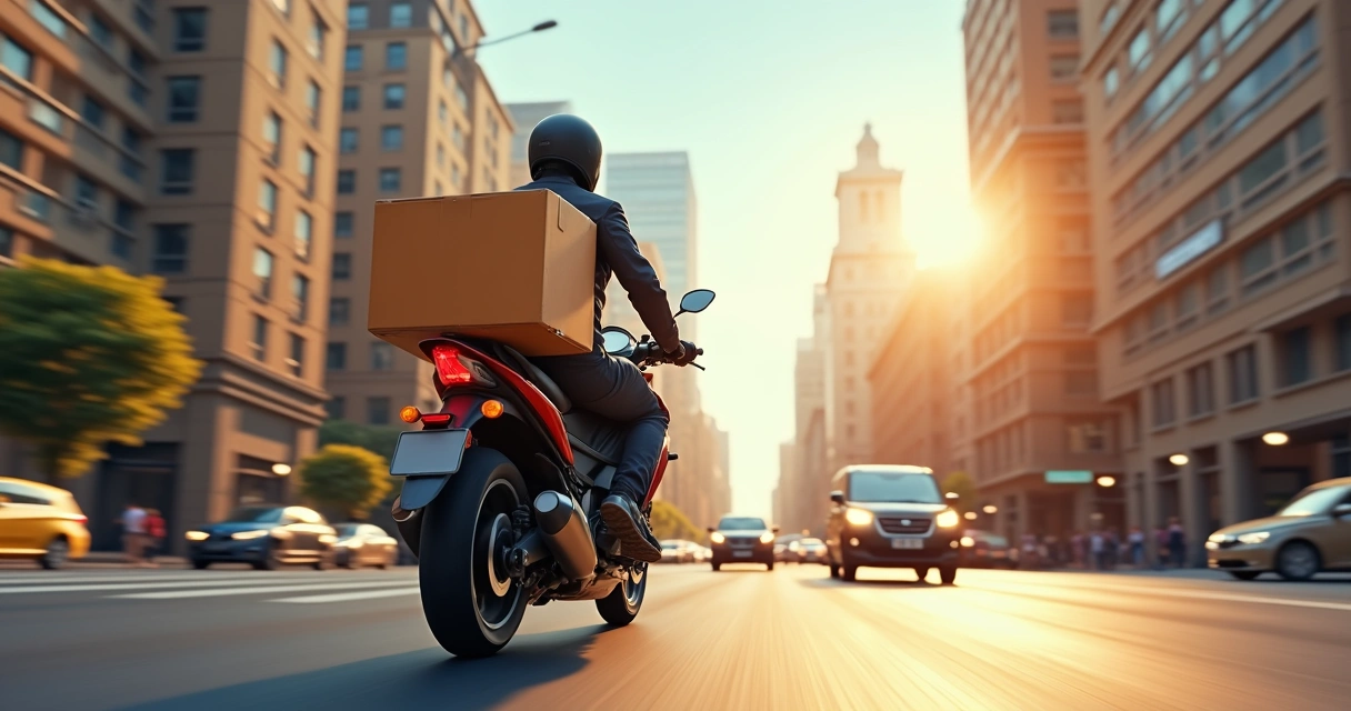 Motociclista de entrega atravessando centro urbano 