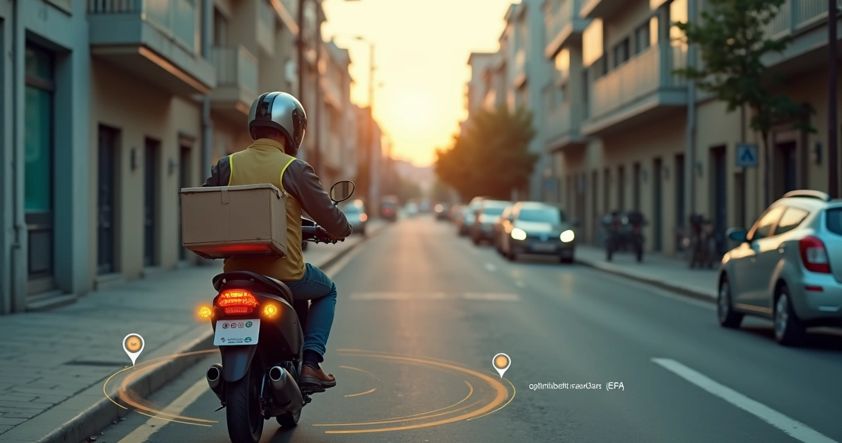 Motociclista de delivery checando rota de geolocalização em trajeto urbano curto 