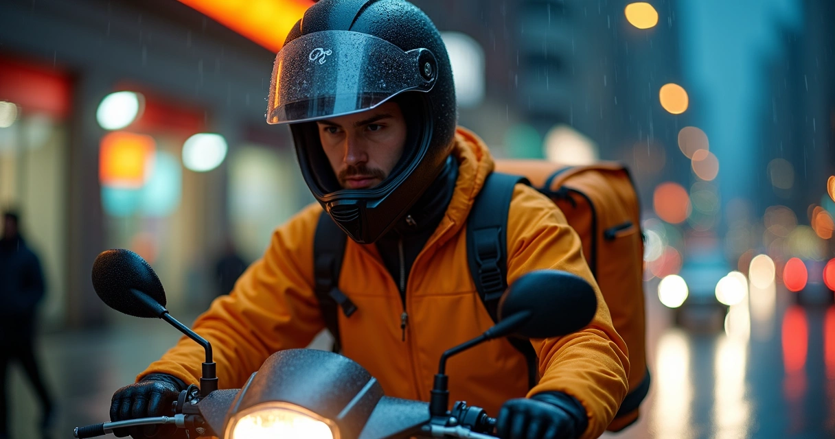 Entregador em moto à noite com caixa de delivery atrás