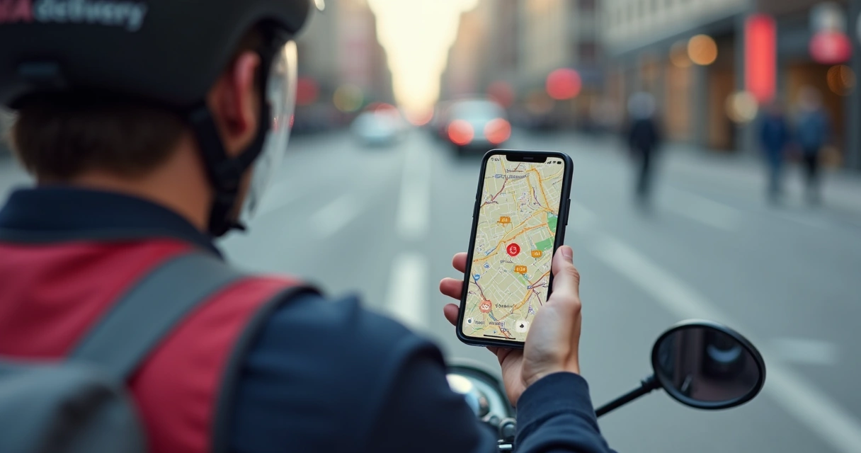 Entregador de moto olhando mapa de rotas de delivery 