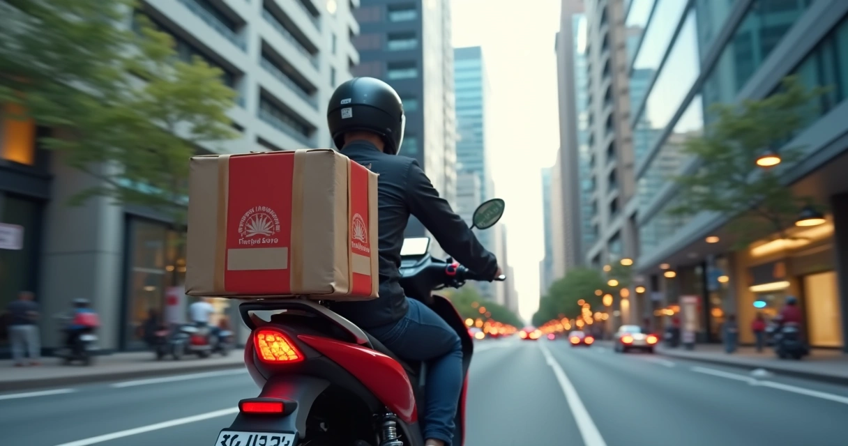 Entregador com mochila de aplicativo de delivery em moto, com prédios ao fundo 