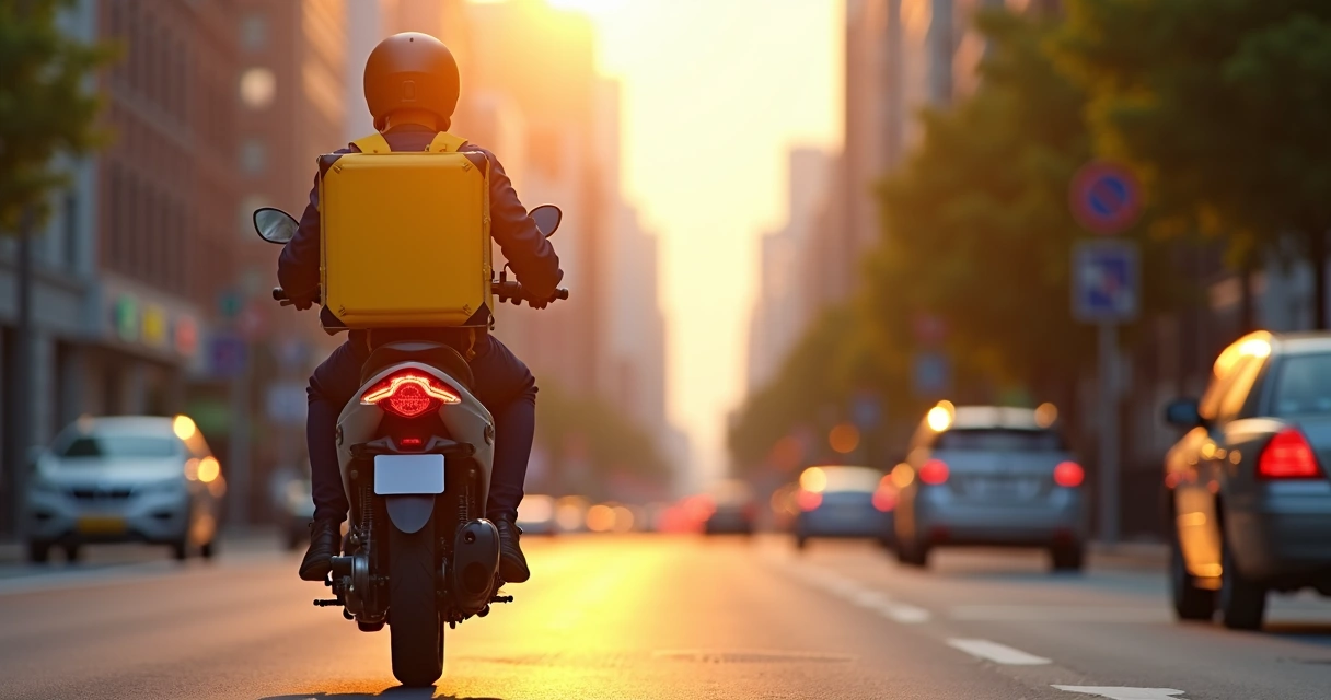 Motociclista de delivery em uma avenida movimentada com mochila de entregas ao fundo de prédios 