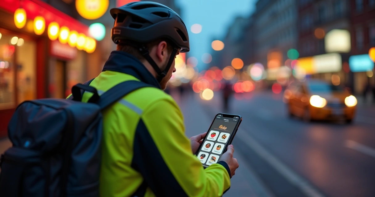 Motoboy com mochila de entrega segurando smartphone aberto em vários aplicativos 