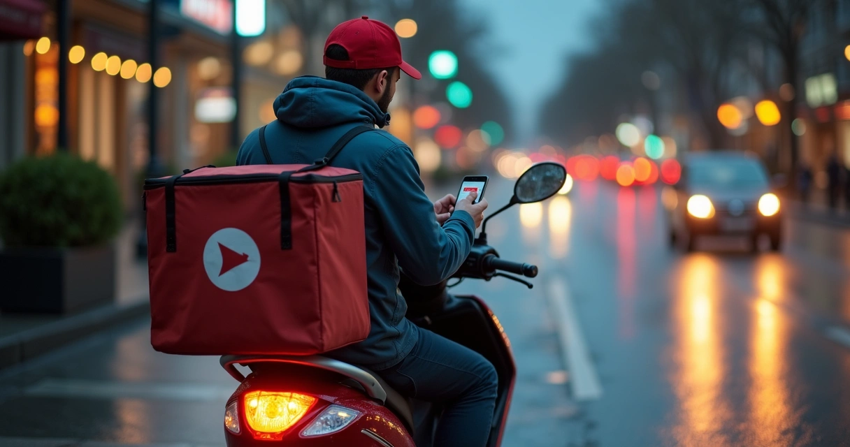 Entregador de delivery de comida parado na moto checando notificação no celular 