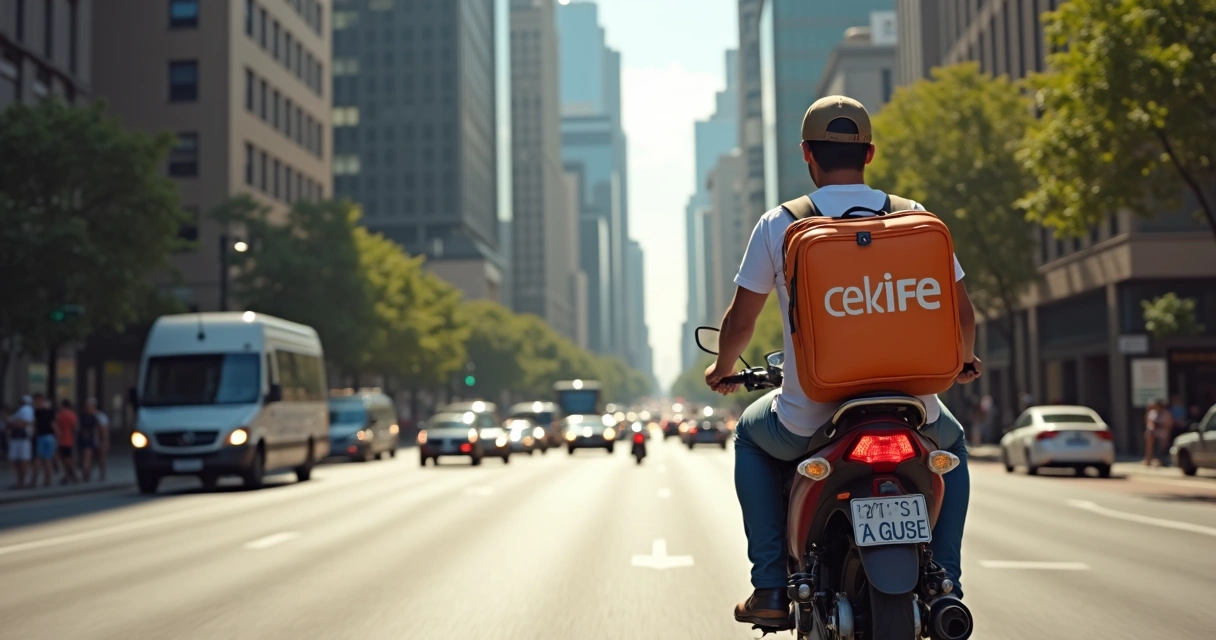 Entregador de delivery cruzando avenida movimentada em São Paulo 