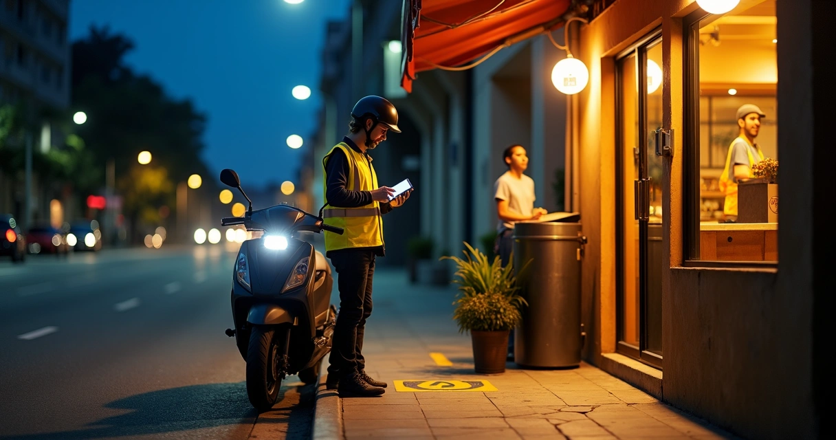 Entregador de delivery à noite recebendo pedido com segurança em frente a restaurante 