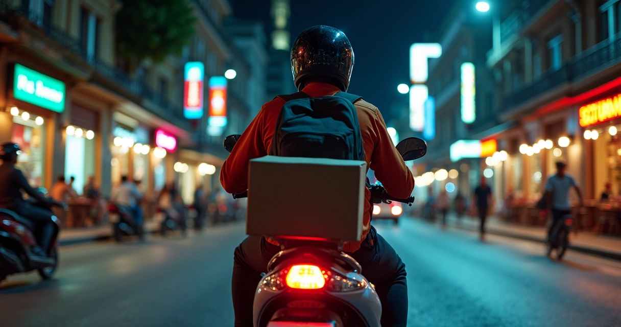 Entregador de delivery em moto cruzando cidade iluminada à noite 