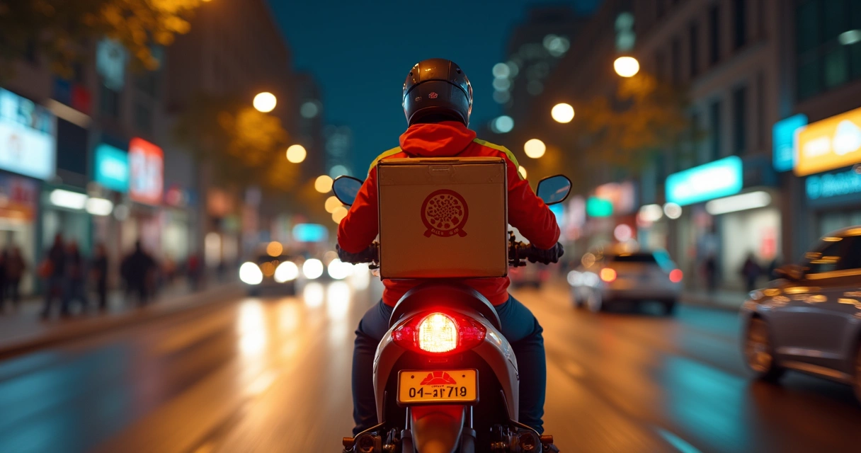 Motociclista entregando pizza à noite com caixa térmica na moto 