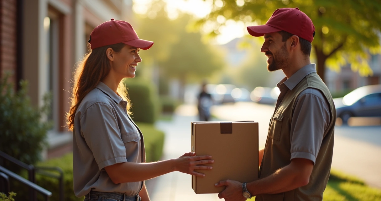 Entregador entregando pacote a cliente em porta de casa