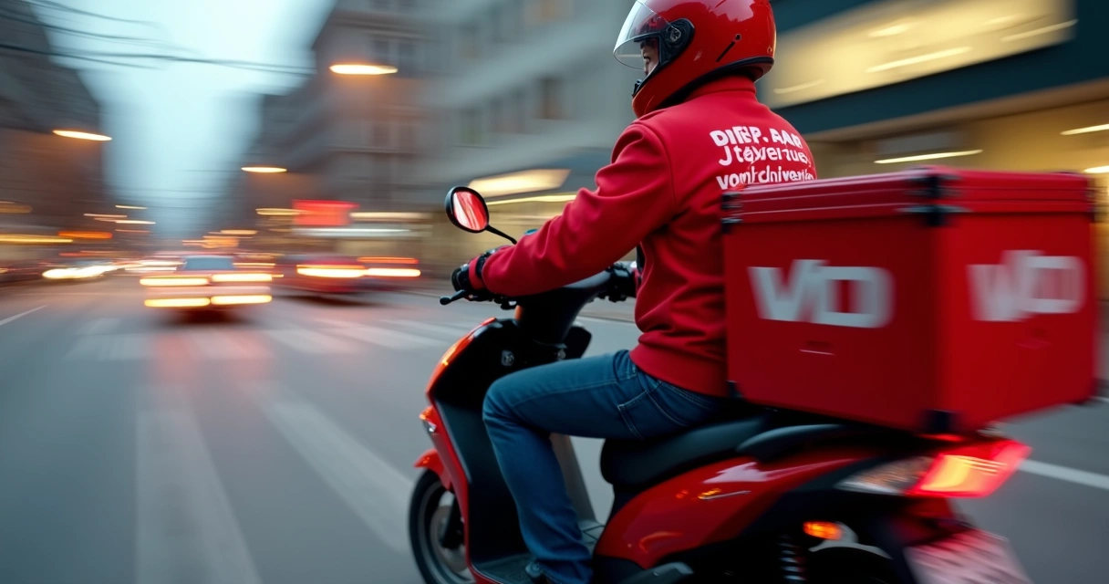 Motociclista de entrega com caixa de restaurante 