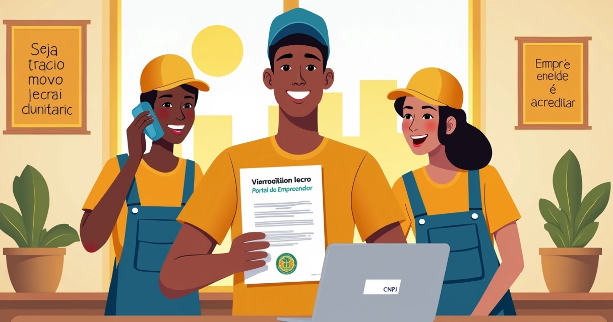 Grupo diversificado de entregadores celebrando registro como MEI com um certificado e laptop exibindo o Portal do Empreendedor.