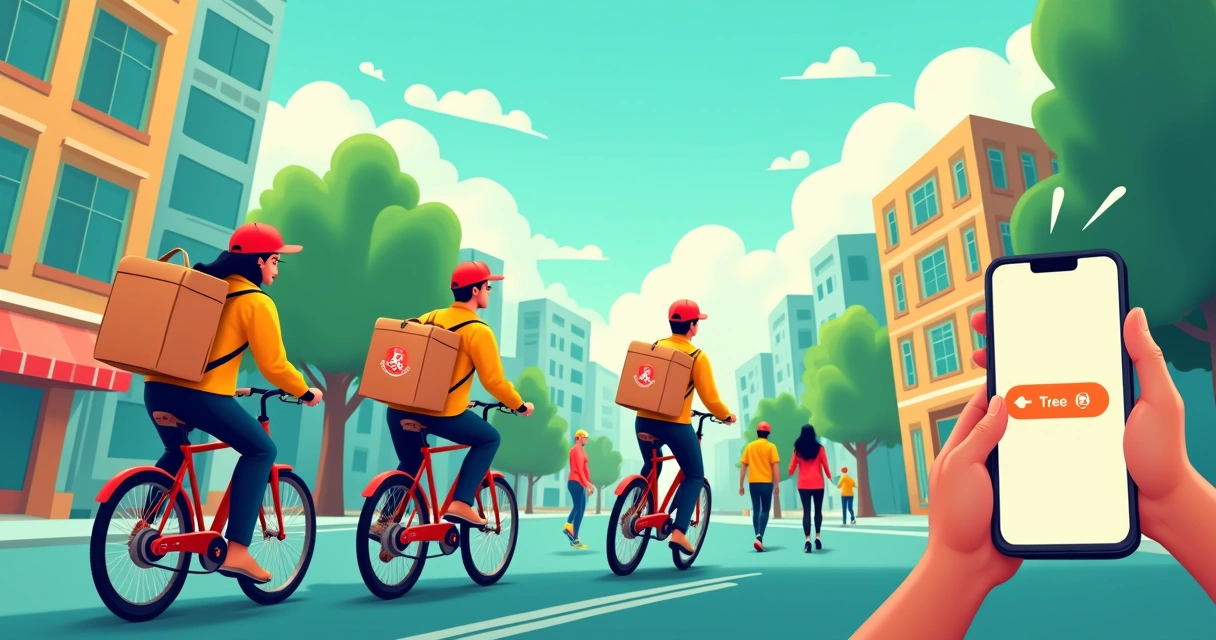 Entregadores animados com bicicletas e scooters em uma movimentada rua urbana.
