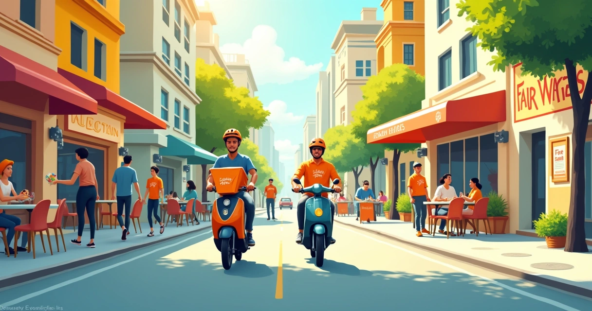 Cena urbana com entregadores em bicicletas e scooters, restaurantes ao fundo, destaca preocupações sobre trabalho justo.