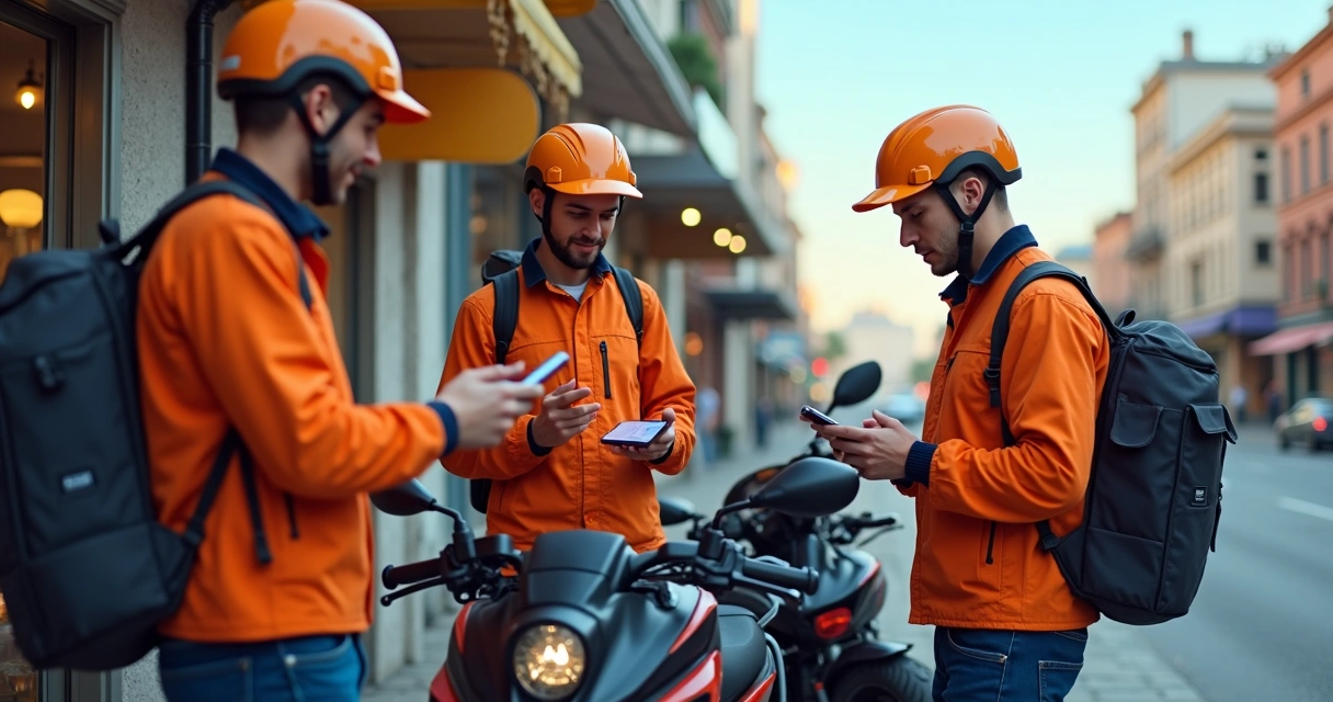Entregadores de delivery com smartphones verificando rotas digitais enquanto se preparam para sair em motocicletas. 