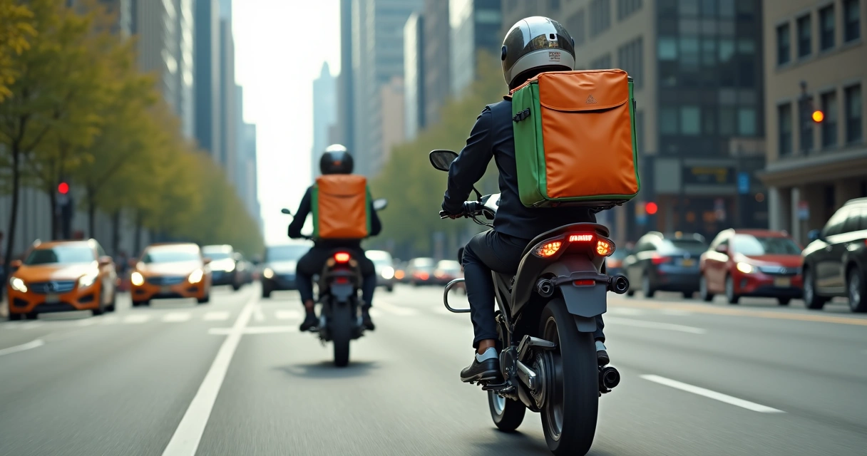 Dois entregadores em motos em uma avenida movimentada, trânsito e prédios ao fundo. 