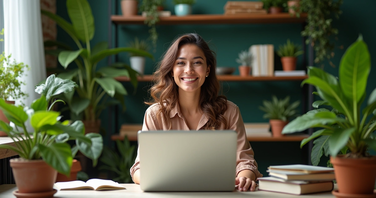 Mulher em ambiente aconchegante com dicas de jardinagem e informações financeiras, simbolizando valoração de conteúdo.