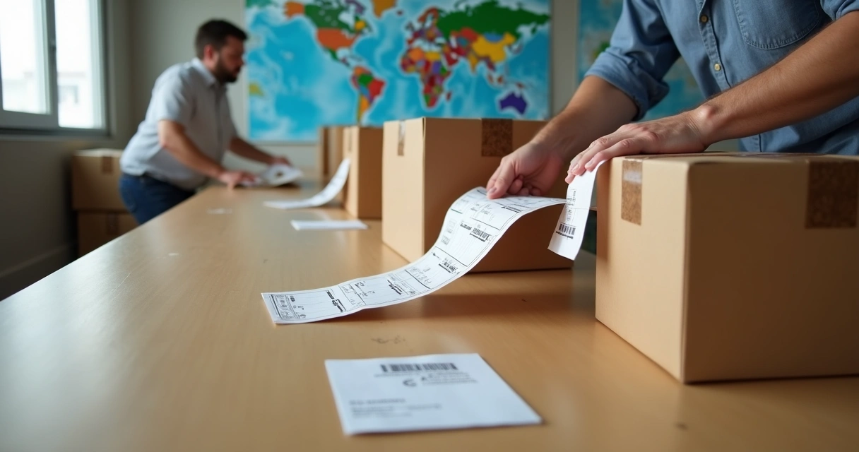 Pacotes sendo preparados para envio internacional