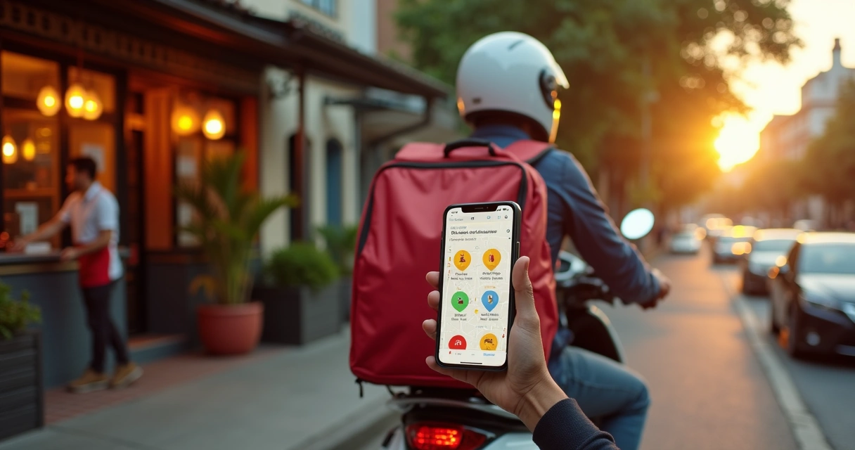 Entregador de delivery em moto segurando sacola térmica com aplicativos abertos no celular 