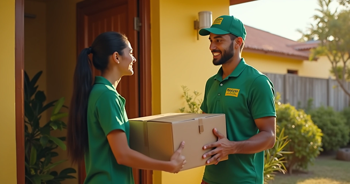 Motoqueiro Mercado Livre entregando pacote ao cliente 