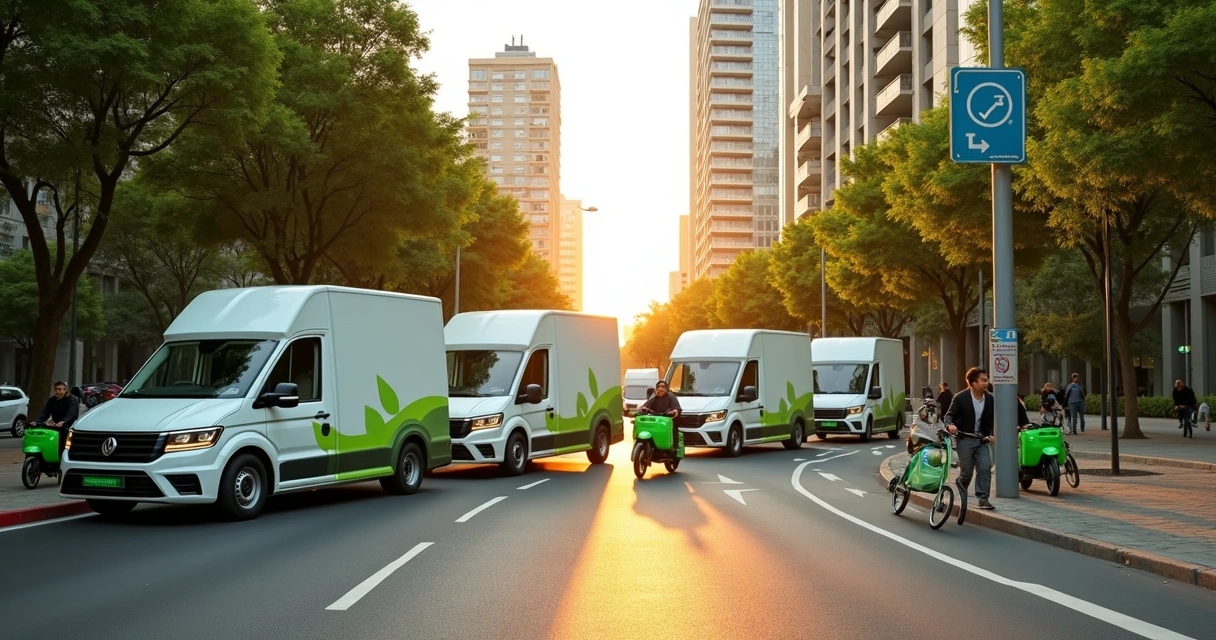 Vans elétricas verdes fazendo entregas em avenida arborizada 