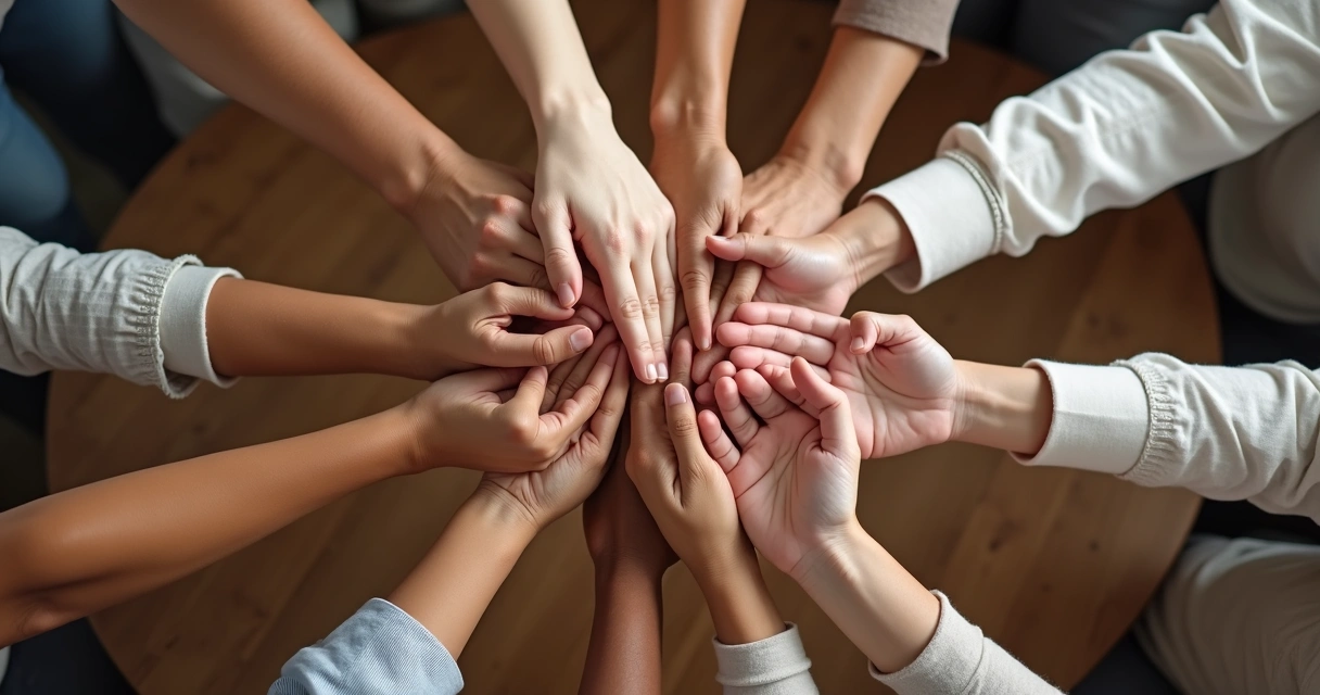 Varias manos entrelazadas en señal de unión y colaboración