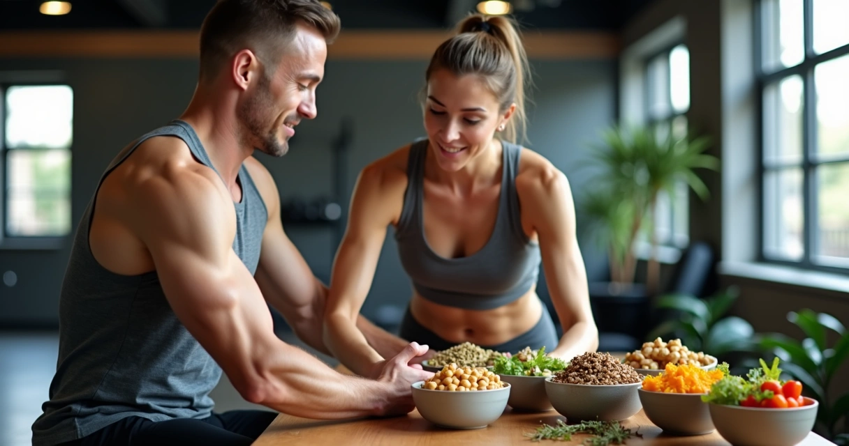 Entrenador funcional guiando a una persona vegana que sostiene alimentos saludables 
