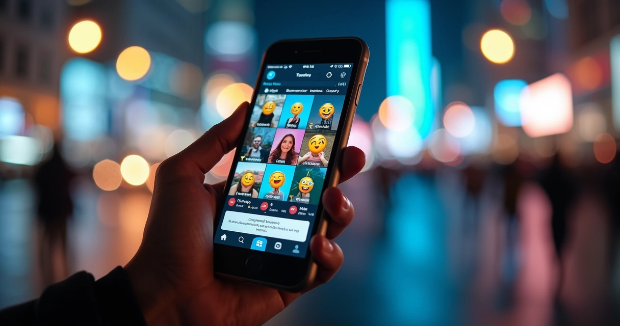 Tela de celular com vídeos curtos e emojis animados 