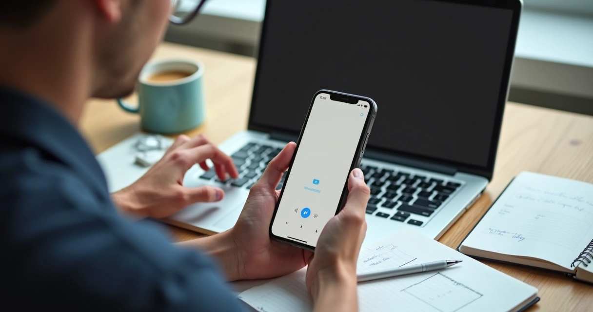 Pessoa gravando áudio no celular enquanto digita no notebook 