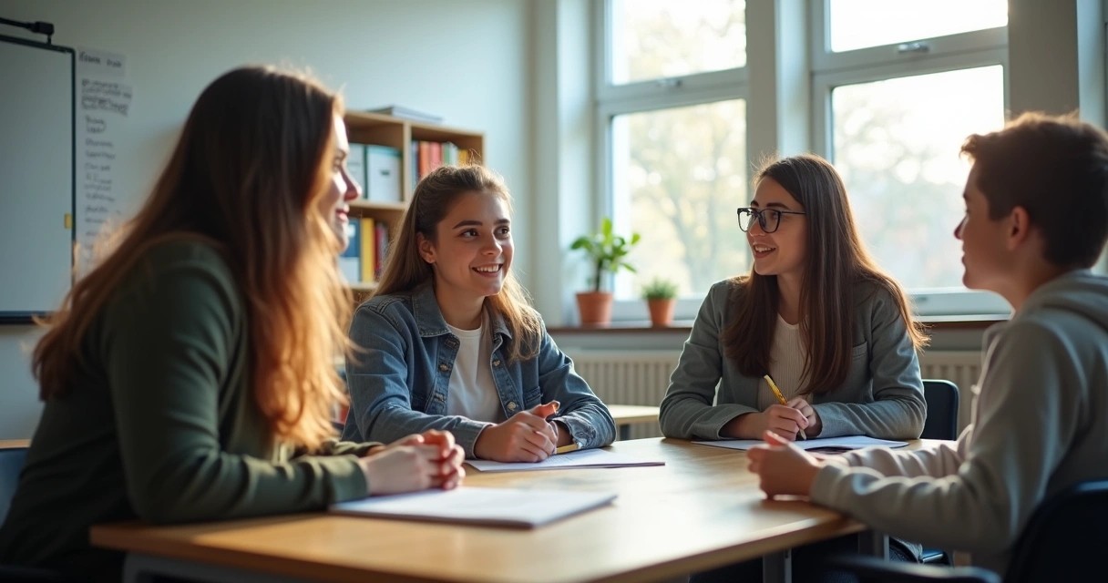 Pesquisador ouvindo alunos em uma sala de aula 